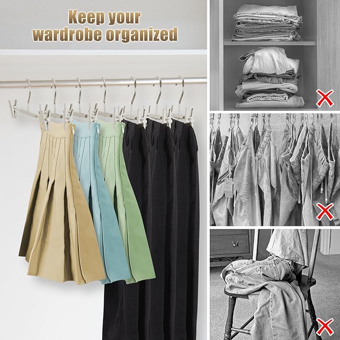 VWV 20-Pack Adjustable Women's Skirt and Pants Hangers, Durable, Space-Saving, Suitable for Jeans, Shorts, Underwear, Sports Bras (Matte Pearl Nickel