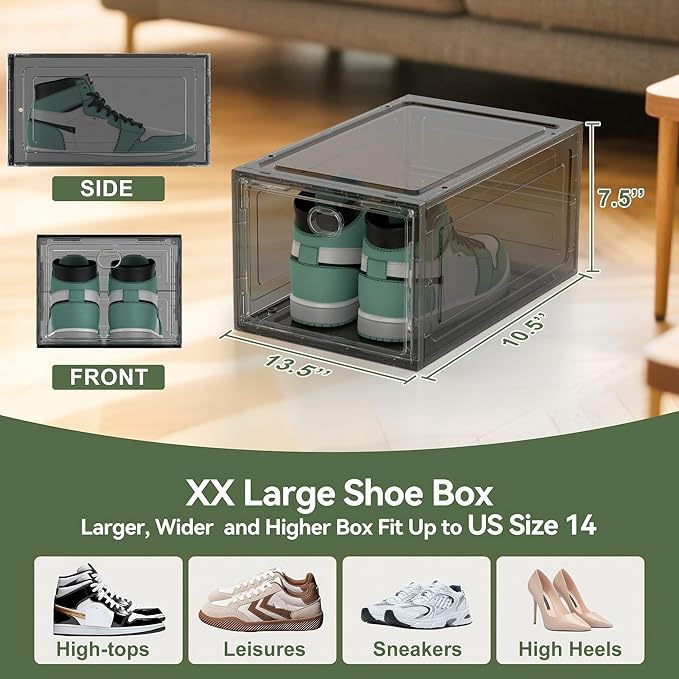 ALCCB Thicken Hard Clear Shoe Storage Organizer for Closet, 12 Pack Modular Plastic Stackable Shoe Storage Box Organizer, Shoe Sneaker Rack Display Case Containers Bins with Lids, Grey