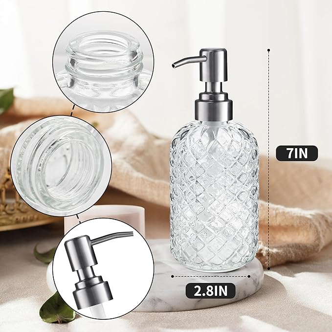 14 Oz Refillable Glass Soap Dispenser with Rust Proof Stainless Steel Pump, for Dispense Hand soap, Body wash, Lotion