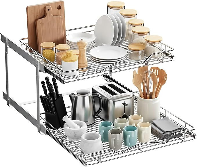 2-Tier Pull-Out Cabinet Organizer with Heavy-Duty Steel Frame, Full-Extension Sliding Shelves, Holds 100 lbs, Easy Install for Kitchen, Pantry & Under Sink Cabinets, 24" W x 21”D x 16.5" H
