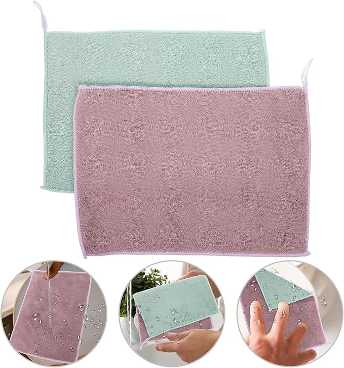 balacoo 2pcs Absorbent Microfiber Kitchen Cleaning Cloths 20x30cm Hanging Loop, Double-Layer Soft Dish Towels for Multi-Function Wiping and Dishwashing