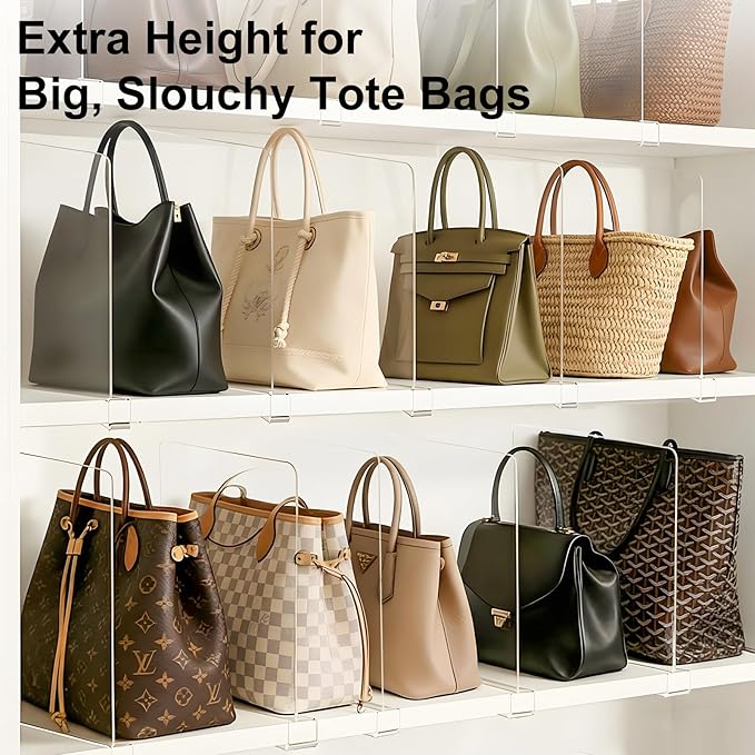 Shelf Dividers Purse Organizer for Closet: 11-inch Tall(Higher Version) Acrylic Sweater Organizer - Upgraded Extra Height for Large Handbags, Totes, Clothes, Towels on Wood Shelves 4-Pack