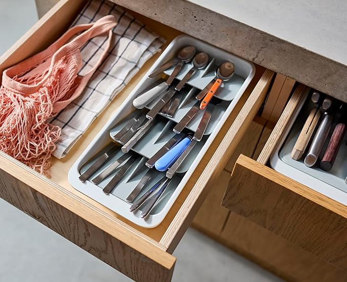 Joseph Joseph DrawerStore Large Tiered Flatware Cutlery Kitchen Drawer Organizer, Holds 48 Pieces, Disassembles for Easy Cleaning, Recycled Plastic