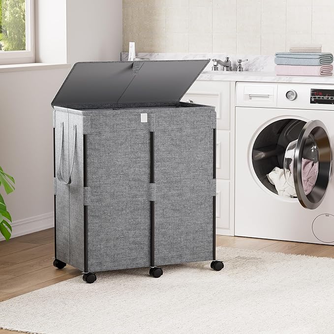 Chrislley 140L Large Double Laundry Hamper with Lid and 6 Wheels, Rolling Laundry Basket with 2 Removable Bags, Heavy Duty Metal Frame Laundry Cart, Dirty Clothes Hamper for Bathroom, Bedroom (Grey)