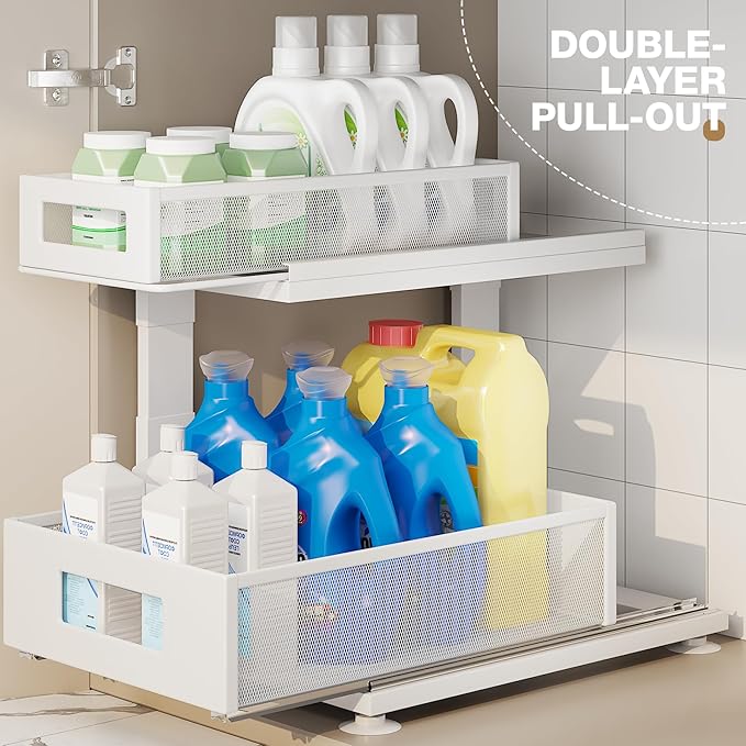 Corbyles 2 Pack Under Sink Organizer with Next-Gen Ball-Bearing Slides,2-Tier Pull Out Cabinet Storage,Height Adjustable Drawer Shelf for Bathroom,Kitchen,Laundry,Cabinet,Pantry(Patent Pending)