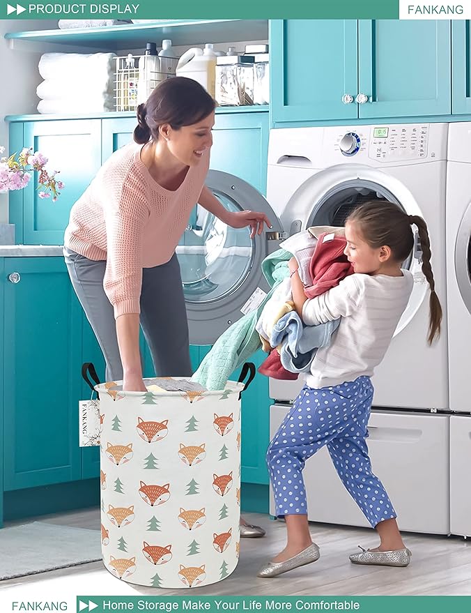 FANKANG Storage Basket, Nursery Hamper Canvas Laundry Basket Foldable with Waterproof PE Coating Large Storage Baskets for Kids Boys and Girls, Office, Bedroom, Clothes,Toys（Fox ）