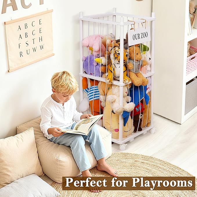 Stuffed Animal Storage Zoo, Wooden Stuffed Animal Organizer with Removable Wheels & 5-Row Elastic Cords, Space-Saving Plush Toy Storage Holder for Playroom, Bedroom, Nursery