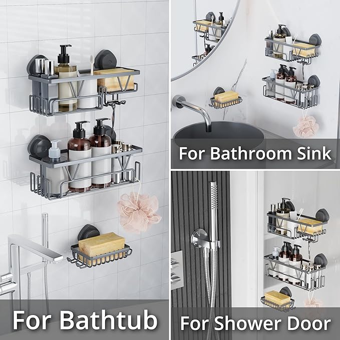 KEGII Suction Cup Shower Caddy – 3 Pack Suction Cup Shelf with Soap Holder & Hooks, Rustproof Stainless Steel Shower Organizer, Removable No Drilling Bathroom Storage Rack, Dark Gray