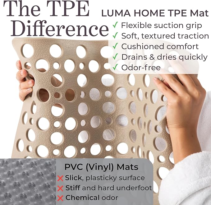 LUMA HOME Non Slip Bathtub Mat and Shower Mat Beige TPE Strong Suction Cups Aesthetic Bath Mat for Inside Shower with Soft Texture, Quick-Dry Drain Holes, Spa-Inspired Design 30x17” (75x43 cm)