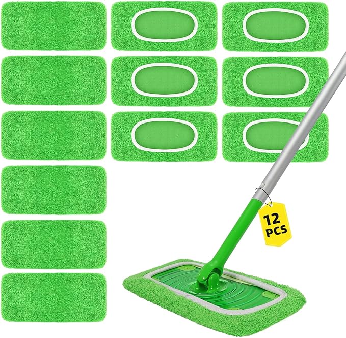 12 Pack Reusable Microfiber Mop Pads - Compatible with Swiffer Sweeper Mop, Washable Dry & Wet Sweeping Cloths Refills for Hardwood Laminate Tile Floor Cleaning
