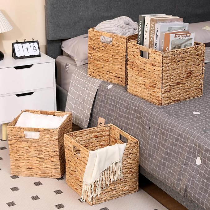 11x11in Storage Baskets Set of 4 Water Hyacinth Baskets,Foldable Wicker Storage Cubes, Baskets for Bathroom, Bedroom, Laundry, Pantry, Shelves