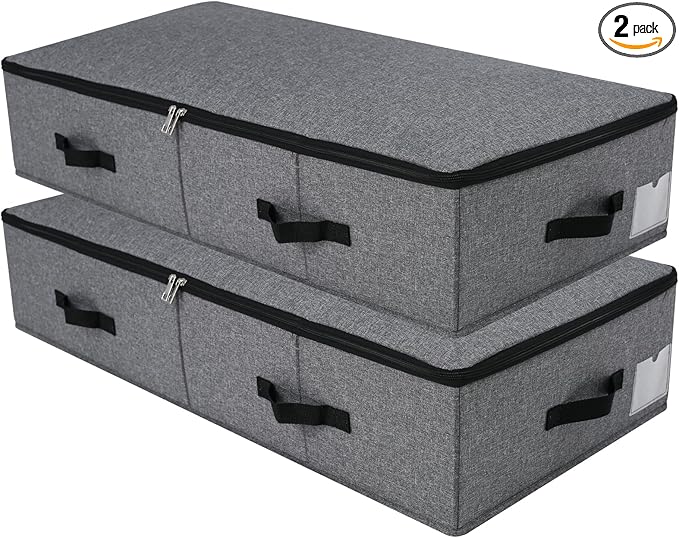 Omygarden 2PCS Foldable Blankets Clothes Comforters Storage Bin Organizer with Plastic Support Liner for Blankets, Towels, Comforter, Sweaters, Linen Sheets, Wrapping Paper, Black Grey