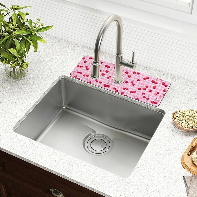 Pink Juicy Checkered Cherry Pink Gingham Kitchen Sink Splash Guard Sink Faucet Mat Faucet Handle Drip Catcher Drain Mats for Kitchen Bathroom Countertop Absorbent Dis