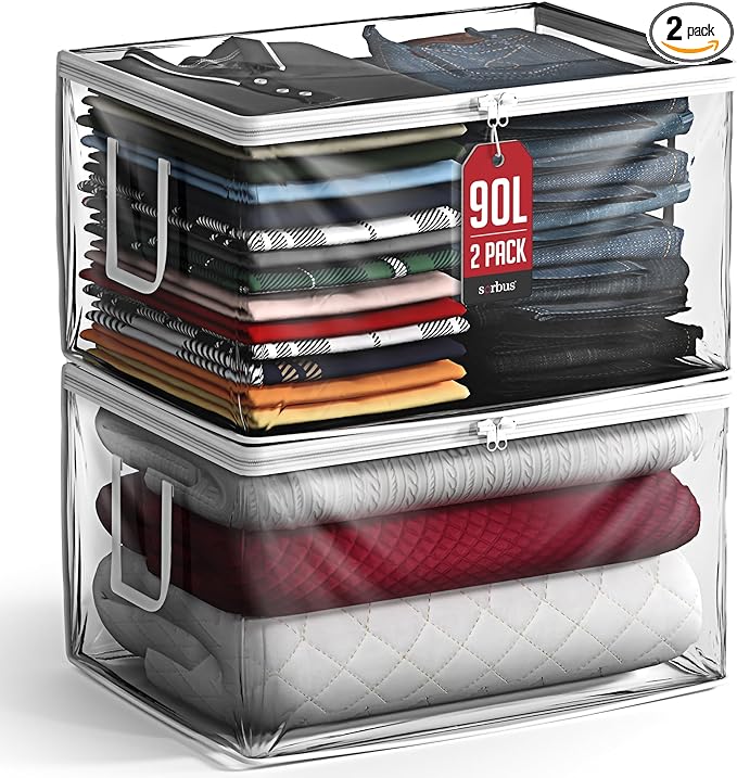 Sorbus clear Storage Bag - 90L Foldable Large Plastic Bags with Zipper & Carry Handles, Great for Clothes, Blankets, Closets, Bedrooms, and more (2 Pack)