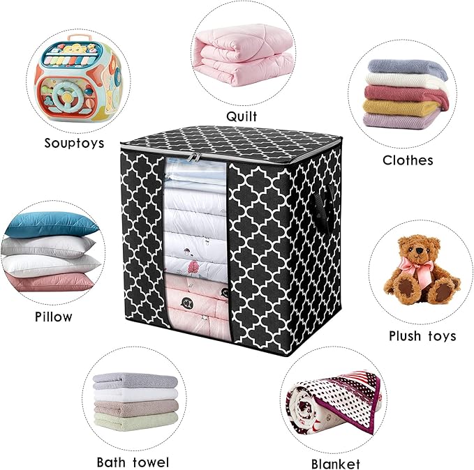 WISELIFE Storage Bags 2 Pack/100L Large Blanket Clothes Organization and Storage Containers for Comforters,Bedding, Foldable Organizer with Reinforced Handle, Clear Window, Sturdy Zippers,Black