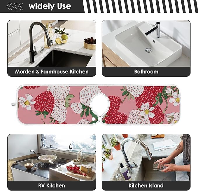 Sink Faucet Absorbing Mat Kitchen Sink Splash Guard Splash Faucet Drip Catcher for Bar RV Bathroom 2PCS 30x5.5in Pink White Strawberries Flowers