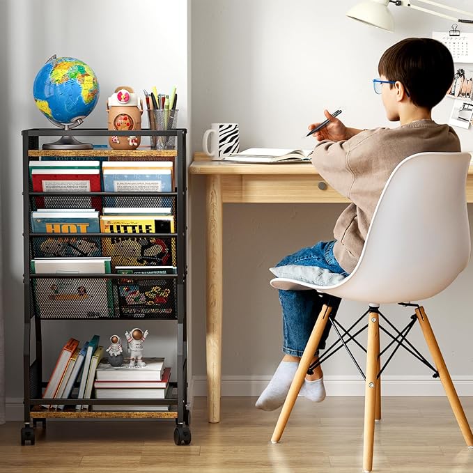 8 Tier Rolling Book Cart with Wheels, Mobile Book Storage Cart with 2 Sides Access Bookcase for Narrow Space, Rolling File Organizers and Storage for Home Office Living Room Classroom School