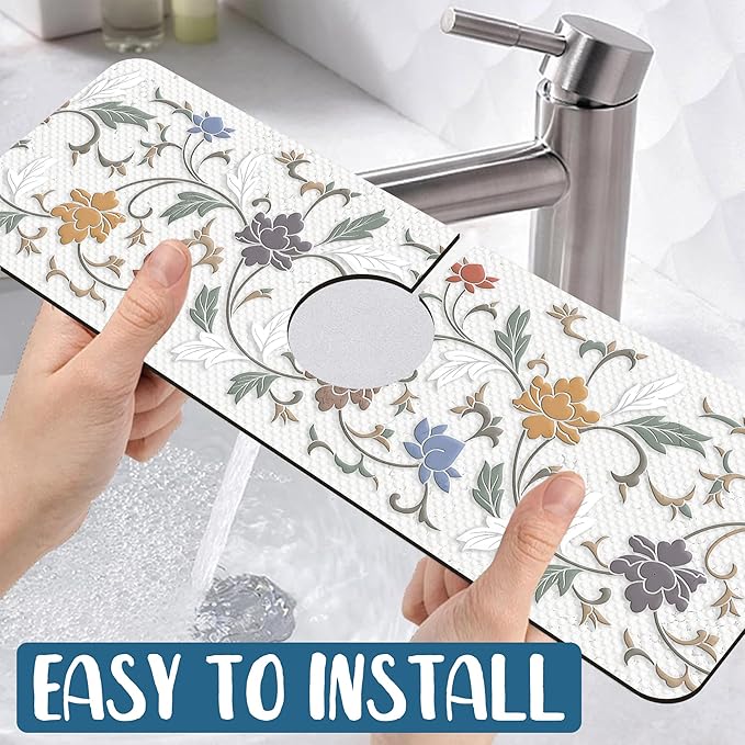 Art Ceramic Texture Sink Splash Guard Ceramic Flowers Faucet Absorbing Mat Fast Drying Mat Sink Gadgets Splash Guard Behind Faucet Drip Catcher for Kitchen Bathroom, 15.5"x5.5"