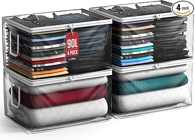 Sorbus clear Storage Bag - 90L Foldable Large Plastic Bags with Zipper & Carry Handles, Great for Clothes, Blankets, Closets, Bedrooms, and more (4 Pack)