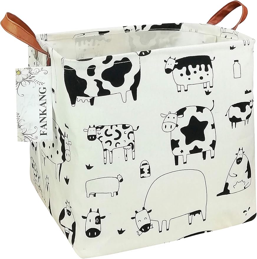 FANKANG Square Nursery Hamper Storage Bins Canvas Laundry Basket Foldable with Waterproof PE Coating Storage Baskets Gift Baskets for Children, Office, Bedroom, Clothes（Square-Cows ）