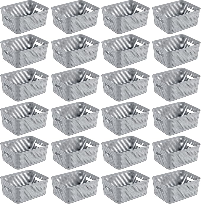 Sterilite 24 Pack Plastic Storage Bin Organization Containers, Small Baskets, Cement