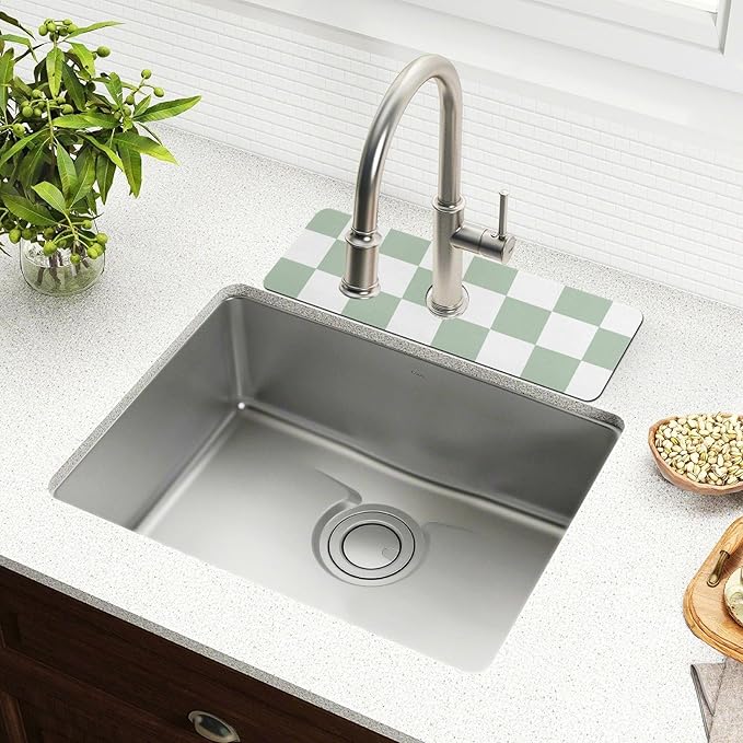 Kitchen Sink Splash Guard 1 PC 30 Inch Sink Faucet Mat Splash Guard for Bathroom Countertop Water Absorbent Foldable Cuttable Soft Washable Checkered White and Green