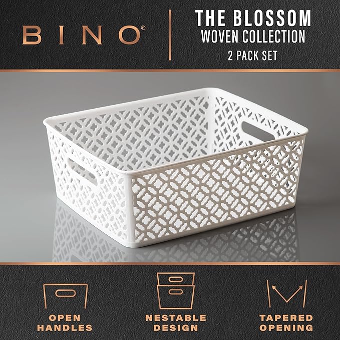 BINO l Plastic Storage Baskets, Large - White | THE BLOSSOM COLLECTION l Multi-Use Organizer Bin l Built-in Handles l Plastic Woven Basket for Organizing l Pantry & Home Organizing Basket