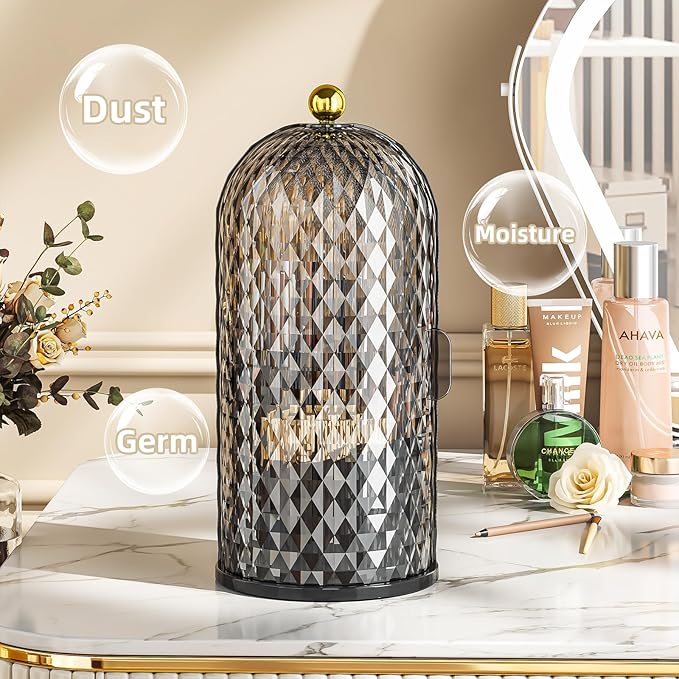 Makeup Brush Holder Organizer with Lid, 360 Rotating Make up Brush Holder with Cover, Dustproof Makup Brush Storage for Vanity Bathroom Countertop, Covered Toothbrush Holder, Black