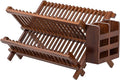 HBlife Dish Rack,Teak Folding 2-Tier Collapsible Drainer Dish Drying Rack with Utensils Flatware Holder Set