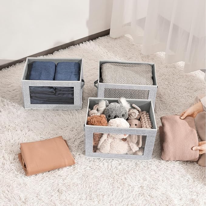 Fabric Storage Bins with Lids - 3 Packs Storage Cubes with Window, Foldable Storage Baskets Bins for shelves, Closet Storage Boxes for Towels, Clothes, Home, Office, Blended