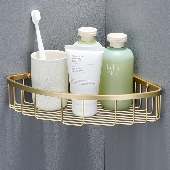 GORDEE Bathroom Shower Caddy Corner Shelf Basket, Corner-Hollow Design, Ultra Sturdy Rust-Proof Stainless Steel Shelf Organizer Shampoo Holder, Wall Mounted Storage Rack for Bathroom, Brushed Gold