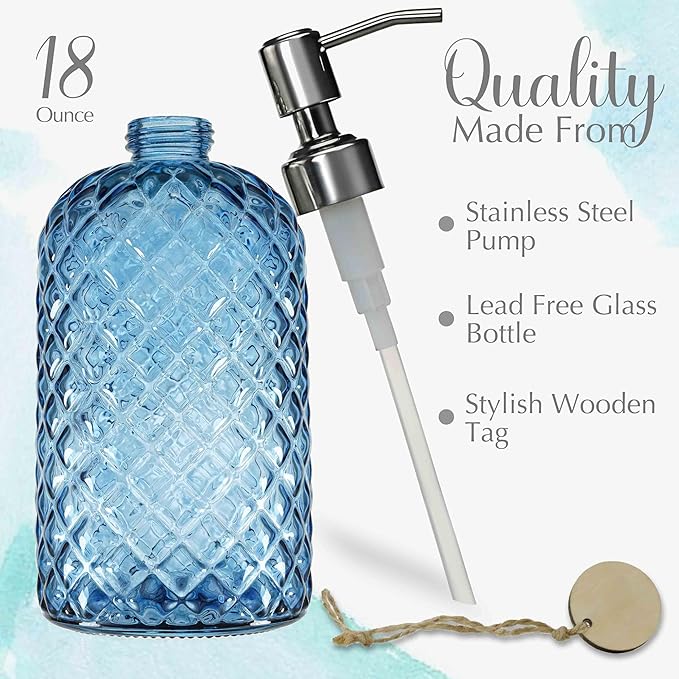 JASAI 18Oz Gem Patterned Glass Soap Dispenser for Kitchen and Bathroom, Refillable with Rust Proof Stainless Steel Pump (Blue)