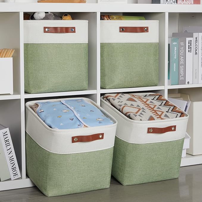 HNZIGE Fabric Storage Cubes Set of 4, 12 x 12 Decorative Bins for Shelf, Toy and Dog Toy Baskets for Kids (Green White)