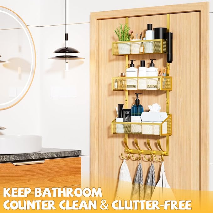 Over The Door Hooks Organizer, Coat Rack Over The Door Storage Hanger Towel Rack, Back of Door Storage Organizer for Bathroom,Bedroom,Kitchen,Office (Gold, 4-Tier)