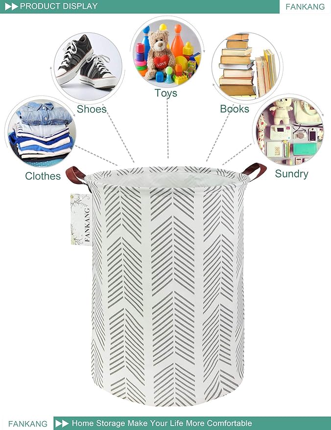 FANKANG Storage Basket, Nursery Hamper Canvas Laundry Basket Foldable with Waterproof PE Coating Large Storage Baskets for Kids Boys and Girls, Office, Bedroom, Clothes,Toys（Grey arrowhead）
