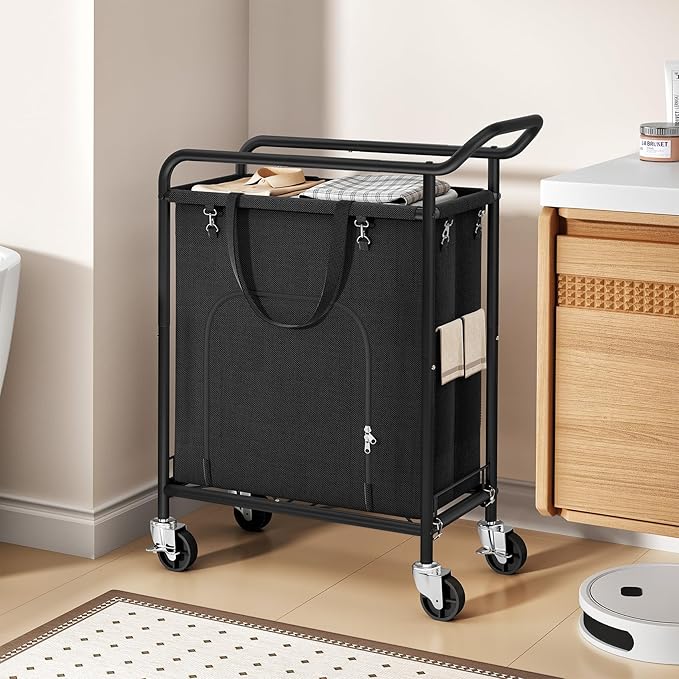 Laundry Basket with Wheels,114L Large Rolling Laundry Hamper, Heavy-Duty Laundry Cart Sturdy Metal Frame with Handle, Minimizes Bending Easy Access Clothing for Bedroom, Bathroom, Laundry Room (Black)