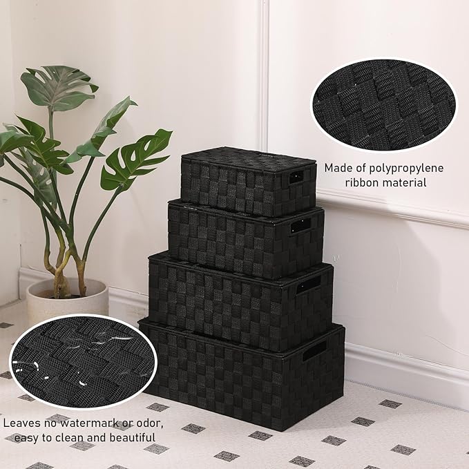 Storage Bins Woven Organizer with Lids Set of 4 – Polypropylene Storage Baskets with Metal Frame, Stackable Fabric Boxes for Drawers, Closet, Shelf, Nursery and Office, Black