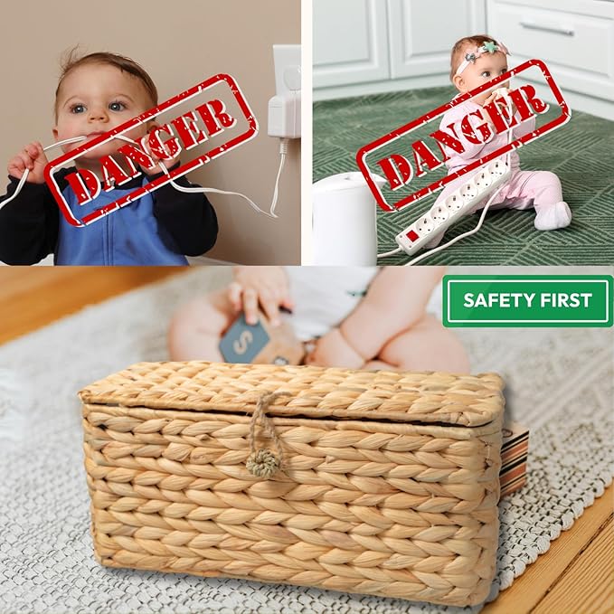 Wicker Cable Management Box with Lid, Set of 2 Handwoven Water Hyacinth Cords Hider Boxes for TV, Computer, Router, USB Hub to Hide Cords & Power Strip for Desk, Floor, Office