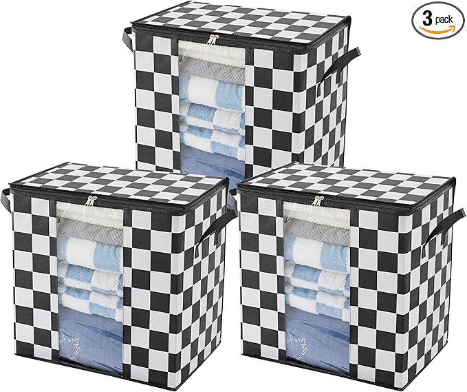 Black and White Checkered Clothes Storage Bins, 100L Large Blanket Storage Bags 3 Pack, Closet Organizers and Storage Containers for Comforters, Bedding, Foldable Organizer with Handle