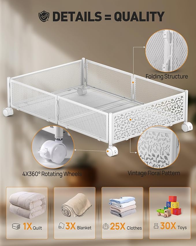 Under Bed Storage With Wheels - 60L Foldable Pattern Carved Metal Container, Rolling Underbed for Shoes, Clothes, Blankets - Easy Assembly
