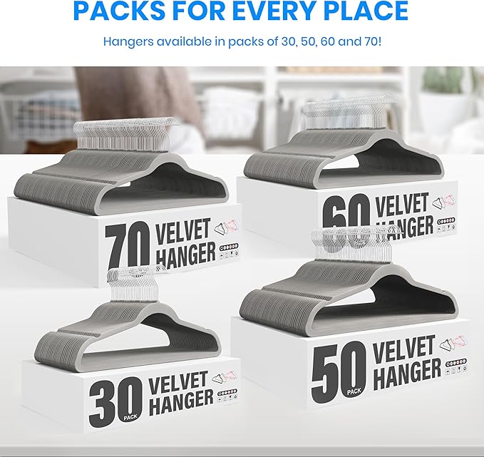 YSSOA Velvet Hangers 70 Pack, Non-Slip Clothes Hangers with Shoulder Notches, 360° Swivel Hooks, Heavy Duty Standard Hanger for Closet Space Saving, Grey