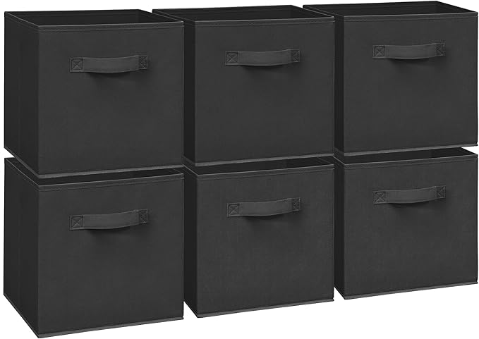 Easi 11 inch Cube Storage Bins, 6 Storage Cube Organizer, Collapsible Fabric storage cubes with Handles, Closet Storage Basket For Organization, Shelf Basket For Shelves Clothes Books, Black
