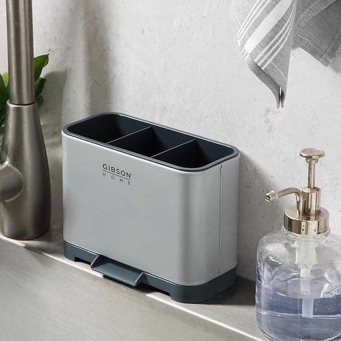 Gibson Home Ledgebrook Sink Caddy With Metal Panel, Sponge Holder for Kitchen Sink, Countertop Organizer and Storage Essentials With Drain Board