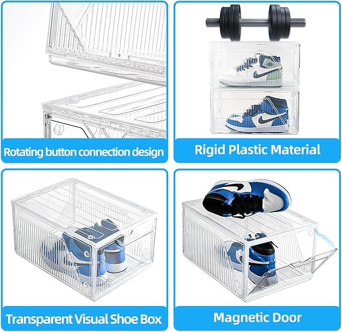 Large Shoe Boxes Clear Plastic Stackable，Drop Front Shoe Box with Clear Door, Shoe Containers For Sneaker Display,Fit up to US Size12 (white clear-Conjoined structure, 10 pack)