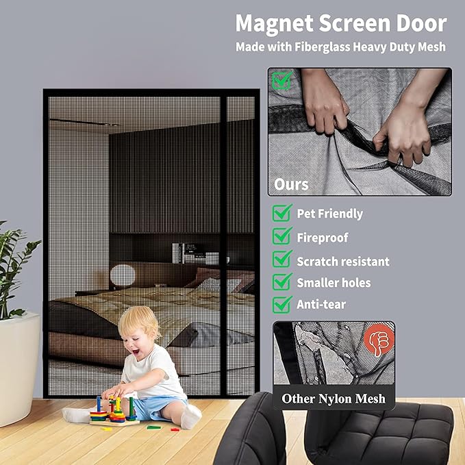 Reversible Left or Right Side Opening Magnetic Screen Door, Narrow Durable Fiberglass Mesh Curtain Hands Free for Patio, Bedroom, Fits Door Size 60" x 80", Black