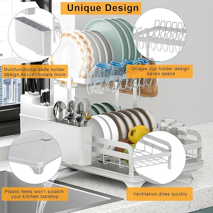 Dish Drying Rack Without Installation 2 Tier Metal Dish Racks for Kitchen Counter for 1-3 People with Drain Board Multifunctional Storage and Drainage Apartment Essentials