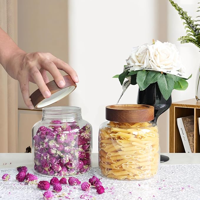 Patoper Glass Coffee Jars Spice Jar Round Storage Canister with Wooden Lid Clear Glass Food Jar for Pantry Sugar Tea Coffee Bean Spice Nuts Cookies Bath Salts (1200ml/40oz-1 Pack)