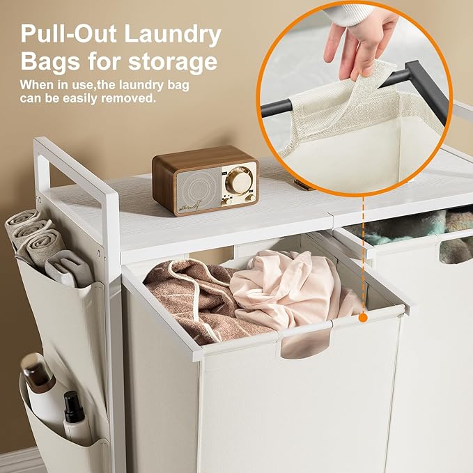WOWLIVE Double Laundry Hamper with Lid,Rolling Laundry Basket Organizer with Wheels, Iron-Made Laundry Sorter with Top Shelf and 2 Removable Bags,Large Clothes Storage for Room,White