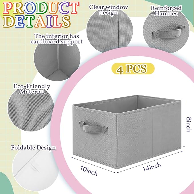 Yinder 4 Pcs Cube Storage Bin 14''x10''x8'' Storage Bins for Room Decor Colorful Bins Foldable Baskets for Nursery Organizer Boxes Fabric Boxes (Gray)