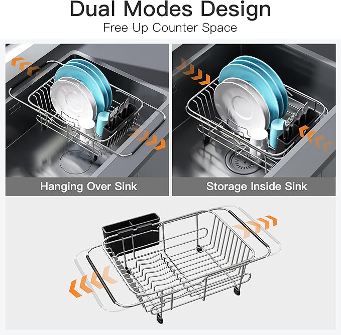 Apartment RV Small Dish Drainer Drying Rack Over The Sink In Stainless Steel for Narrow Kitchen, Counter Space Saving Compact Expandable Metal Plate Dryer Strainer, Modern Above Wire Drain Holder